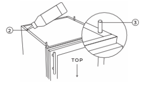 A diagram showing how to insert glue and dowels in the holes left by nail glide feet.