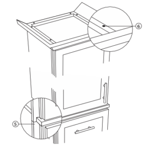 A diagram showing how to install crown molding & filler strips to a linen tower.