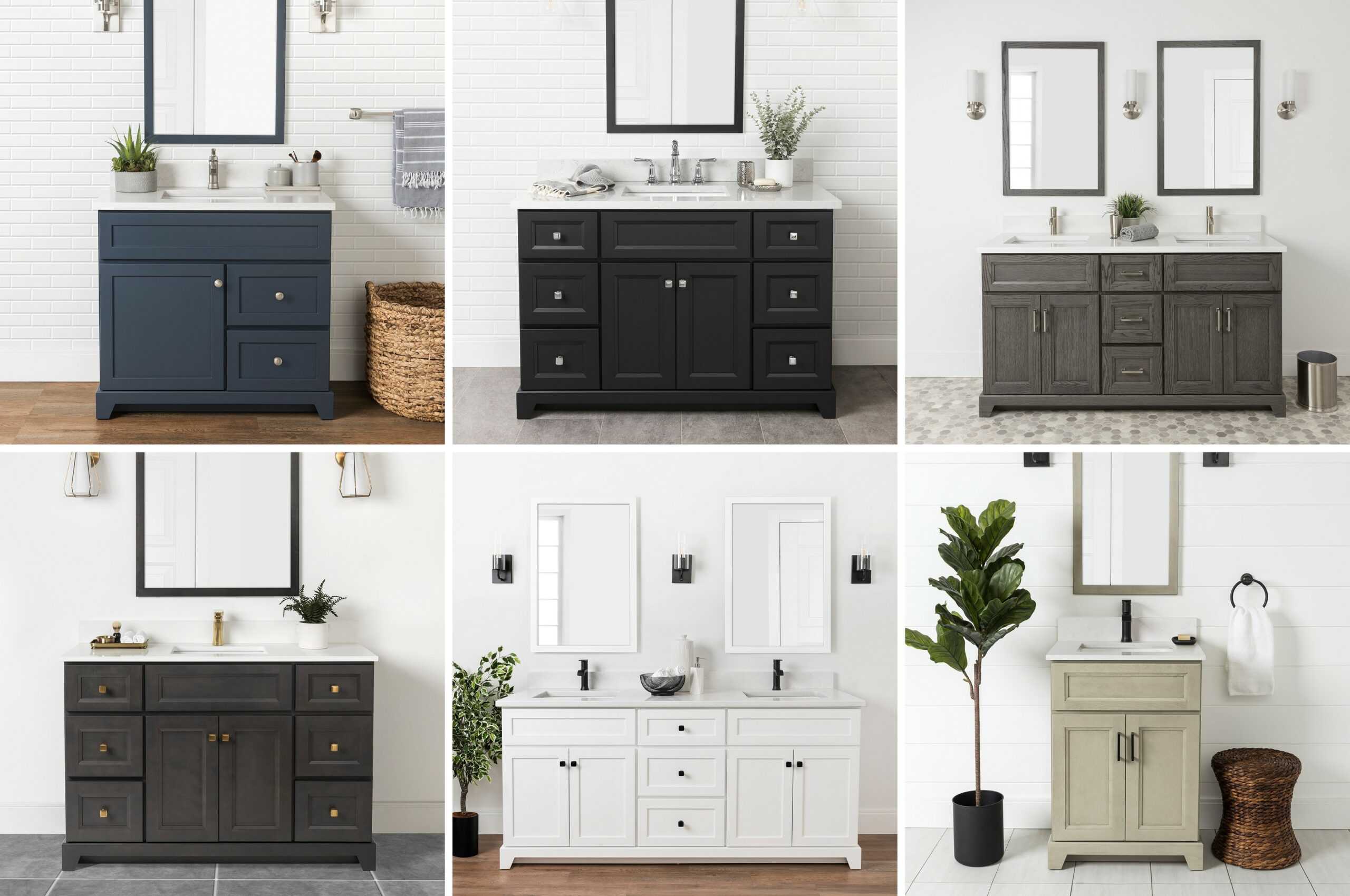 Six different styles of bathroom vanities against tiled walls.