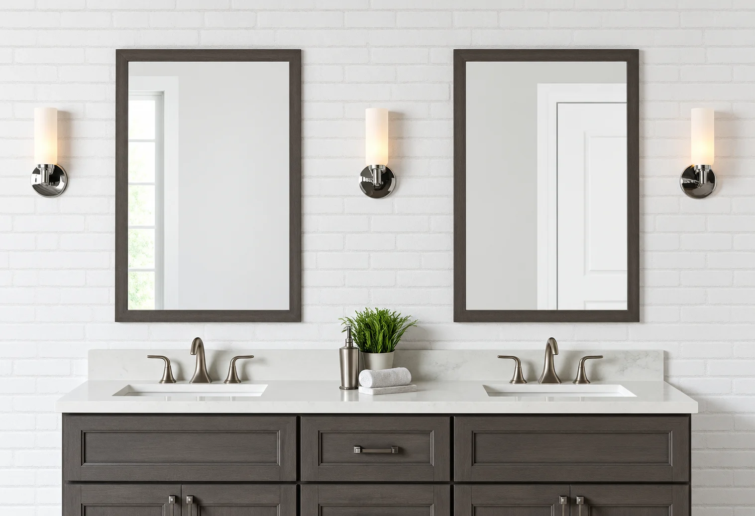 A bathroom vanity with two sinks and two mirrors.