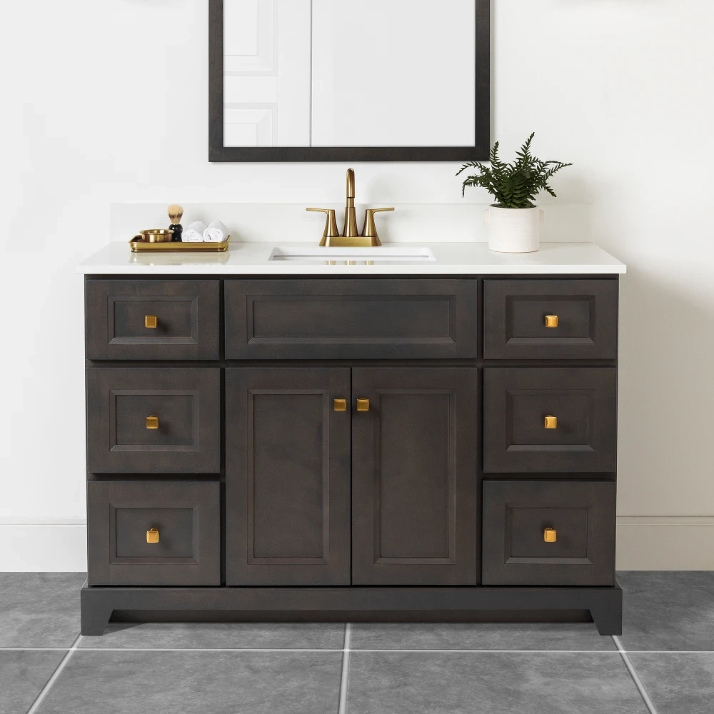 2. Bring Warmth to Your Bathroom With Wire-Brushed Oak or Stained Look
