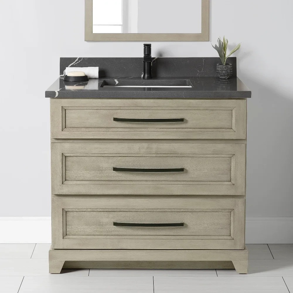 Our quartz tops are engineered from 92% natural quartz for consistent color and non-porous, heat-, scratch-, and stain-resistant performance, no sealing required, ever.